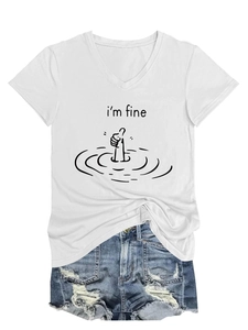 Detail of V-neck white T-shirt with I'm Fine graphic and ripped denim shorts