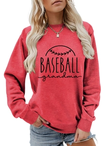 Close-up of Baseball Grandma print on a red crewneck sweatshirt with baseball stitching