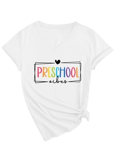 Detail of white V-neck cotton T-shirt featuring Preschool Vibes print and bottom knot design