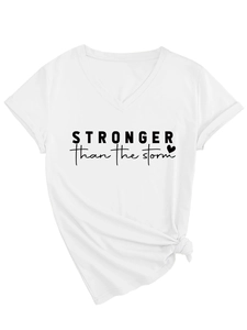 Detail of V-neck cotton T-shirt with 'Stronger than the storm' print and front hem knot
