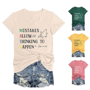 Detail view of V-neck math t-shirts showing slogan print in apricot, green, and pink