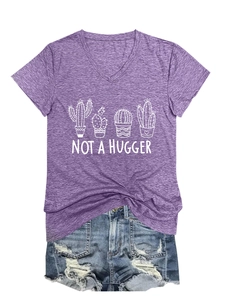 Detail of purple heather V-neck T-shirt with cactus print and distressed denim shorts