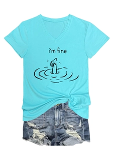 Detail of V-neck T-shirt with i'm fine print and ripped denim shorts on white background
