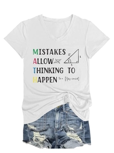 Close-up of math teacher t-shirt featuring printed mistakes allow thinking to happen slogan
