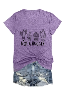 Detail of purple V-neck T-shirt with cactus print and Not a Hugger slogan text