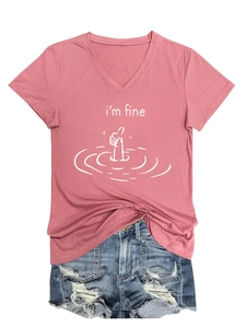 Flat lay of pink V-neck T-shirt with I'm Fine graphic and ripped denim shorts