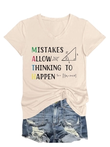 Close-up of V-neck tee with MISTAKES ALLOW THINKING TO HAPPEN math print detail