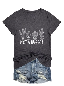 Detail view of dark grey V-neck T-shirt with white cactus print and NOT A HUGGER slogan