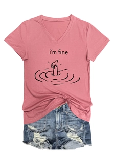 Pink V-neck T-shirt with 'i'm fine' graphic paired with distressed denim shorts