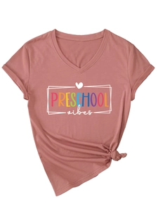 Detail of V-neck T-shirt with Preschool Vibes print and stylish side knot tie detail
