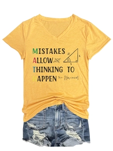 Detail of V-neck yellow T-shirt with math slogan and textured cotton fabric surface