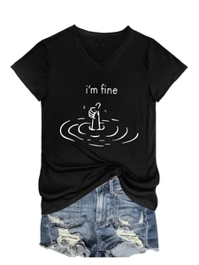 Detail of V-neck T-shirt with I'm Fine graphic paired with distressed denim shorts