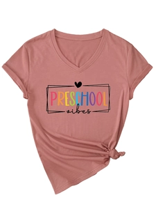 Detail of V-neck dusty rose t-shirt with Preschool Vibes print and stylish front knot tie