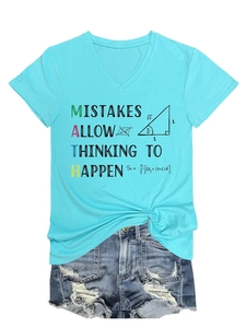 Detail of V-neck blue T-shirt featuring vibrant math-themed graphic and motivational text