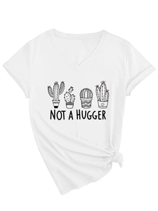 Detail of V-neck white T-shirt featuring 'Not a Hugger' cactus print with hem knot