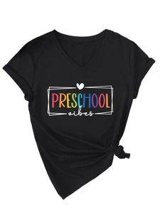 Detail of V-neck T-shirt with Preschool Vibes print and stylish front hem knot