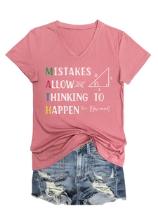 Pink V-neck T-shirt with math slogan print and distressed denim shorts on white background
