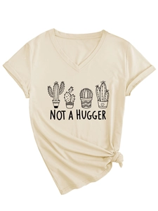 Detail of V-neck T-shirt showing Not A Hugger cactus print and trendy knotted hemline