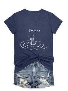 Detail of navy blue V-neck T-shirt with 'i'm fine' graphic and drowning thumb icon
