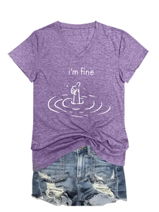 Detail of purple V-neck T-shirt featuring I'm Fine graphic and denim shorts combo