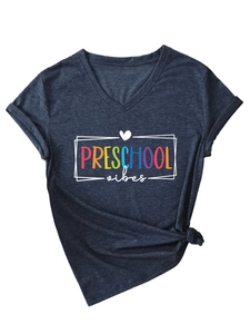 Detail of V-neck grey t-shirt with Preschool Vibes print and stylish front knot