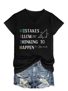 Detail of V-neck T-shirt with MATH text graphic and math formulas on black fabric