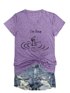 Detail of V-neck purple T-shirt with I'm Fine graphic paired with distressed denim shorts