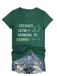 Detail of heather green V-neck T-shirt with math formulas and educational typography