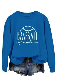 Detail view of Klein blue crewneck sweatshirt featuring white BASEBALL grandma graphic print