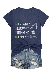 Flat lay of navy blue V-neck T-shirt with math slogan print and ripped denim shorts