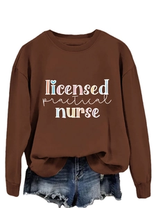Detail of Licensed Practical Nurse print on dark brown crewneck cotton sweatshirt