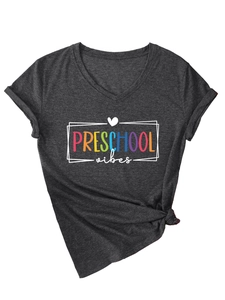 Close-up of Preschool Vibes colorful letter print on V-neck grey cotton t-shirt