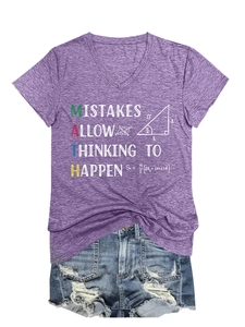 Flat lay of purple V-neck T-shirt with MATH typography and blue denim shorts set
