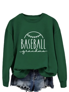 Detail view of the white BASEBALL grandma print on a dark green crewneck sweatshirt
