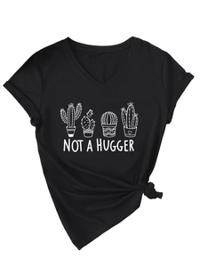 Detail of V-neck black T-shirt featuring white cactus print and Not A Hugger text