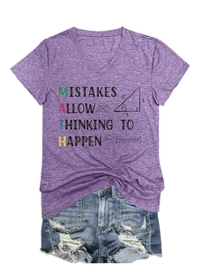 Close-up of heather purple V-neck T-shirt with MATH typography and formula print