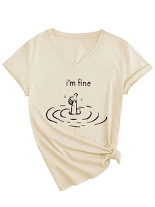 Detail of V-neck T-shirt showing knotted hem and 'i'm fine' graphic print