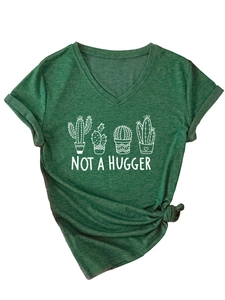 Detail of V-neck dark green T-shirt featuring cactus print and Not a Hugger slogan