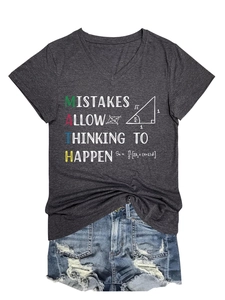 Detail of V-neck grey tee with MATH typography and formula print for a creative look