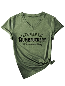 T-shirt da donna con scollo a V verde oliva con stampa di slogan neri e dettaglio nodo