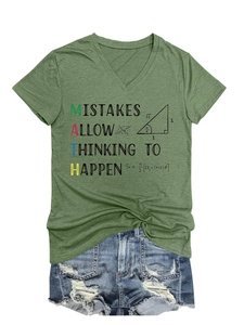 Detail of green V-neck T-shirt featuring Mistakes Allow Thinking To Happen print