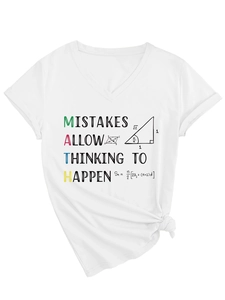 Detail of V-neck white cotton T-shirt featuring a creative math themed print design