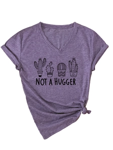 Detail of purple V-neck T-shirt with Not a Hugger cactus print and side knot