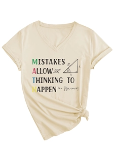Detailed view of cream V-neck T-shirt featuring creative MATH letter print and knot hem