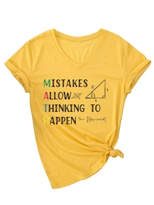 Detail of V-neck yellow cotton t-shirt with mistakes allow thinking to happen math print