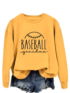 Detail of yellow round neck sweatshirt with black Baseball Grandma print and baseball graphic