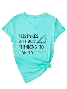 Detail of mint green V-neck T-shirt with MATH slogan print and knotted hem detail