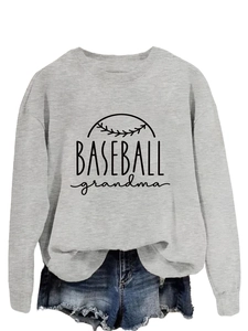 Detail of grey baseball grandma sweatshirt showing soft fabric texture and black print