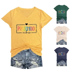 Women V-Neck T-Shirt Preschool Vibes Graphic Short Sleeve Cotton Blend Loose Knotted Hem Summer Casual Tee