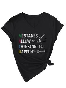 Detail of black V-neck T-shirt with MATH letter print and side knot design